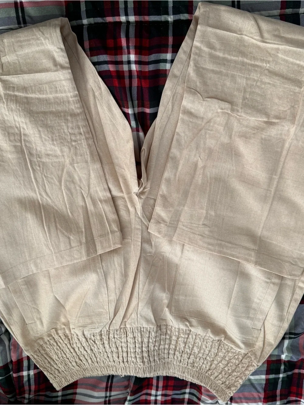 Barrel-Leg Smocked Elastic Waist Pants in Khaki